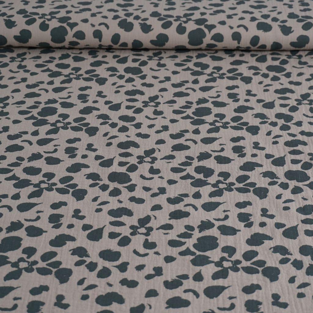 Musselin Double Gauze Blütenflecken schwarzgrün kittbeige